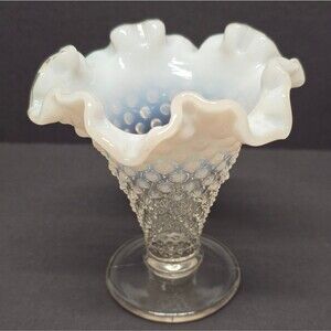 Vintage Fenton Moonstone Hobnail Clear White Opalescent Ruffled Vase MCM Cottage